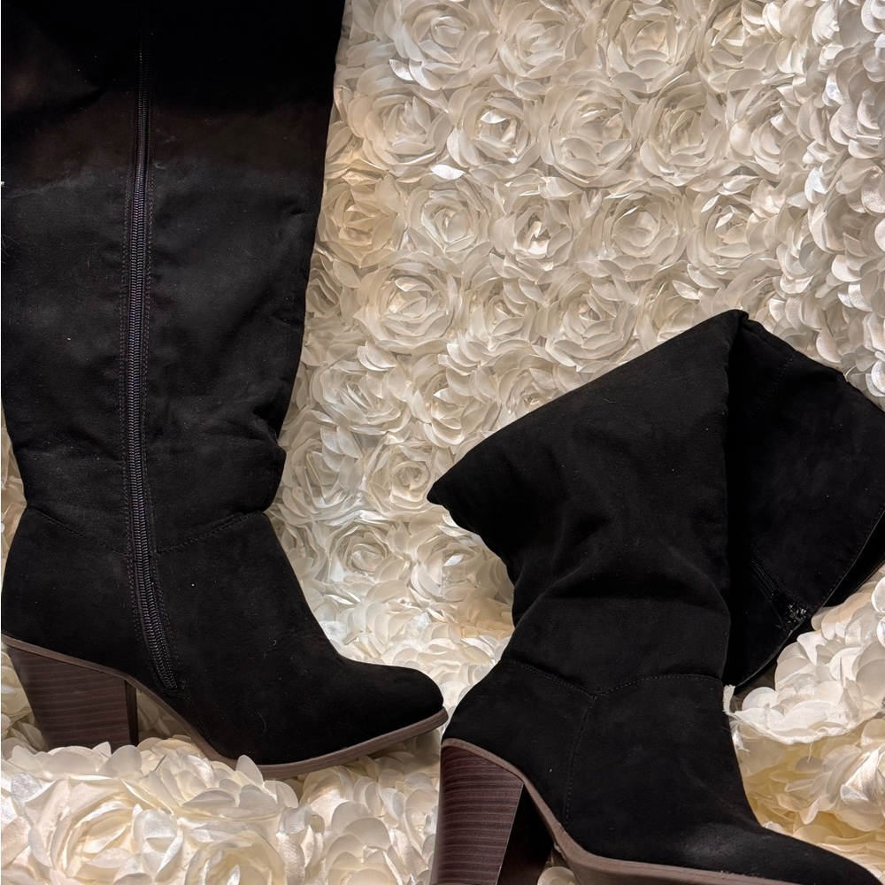 Lane Bryant Black Heeled Boots with Faux Suede Texture
